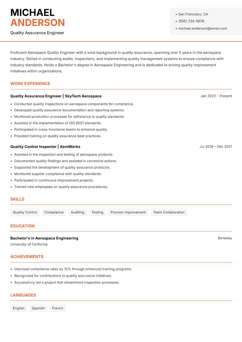 Aerospace Quality Engineer resume template — Modern Professional