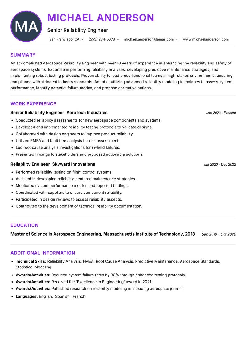 Aerospace Reliability Engineer resume example — ATS-friendly template