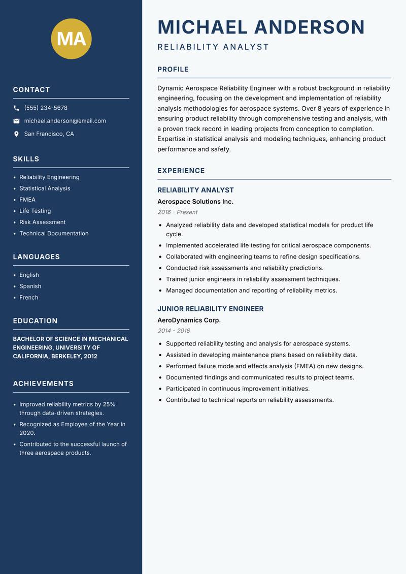 Aerospace Reliability Engineer resume template — Classic Clean