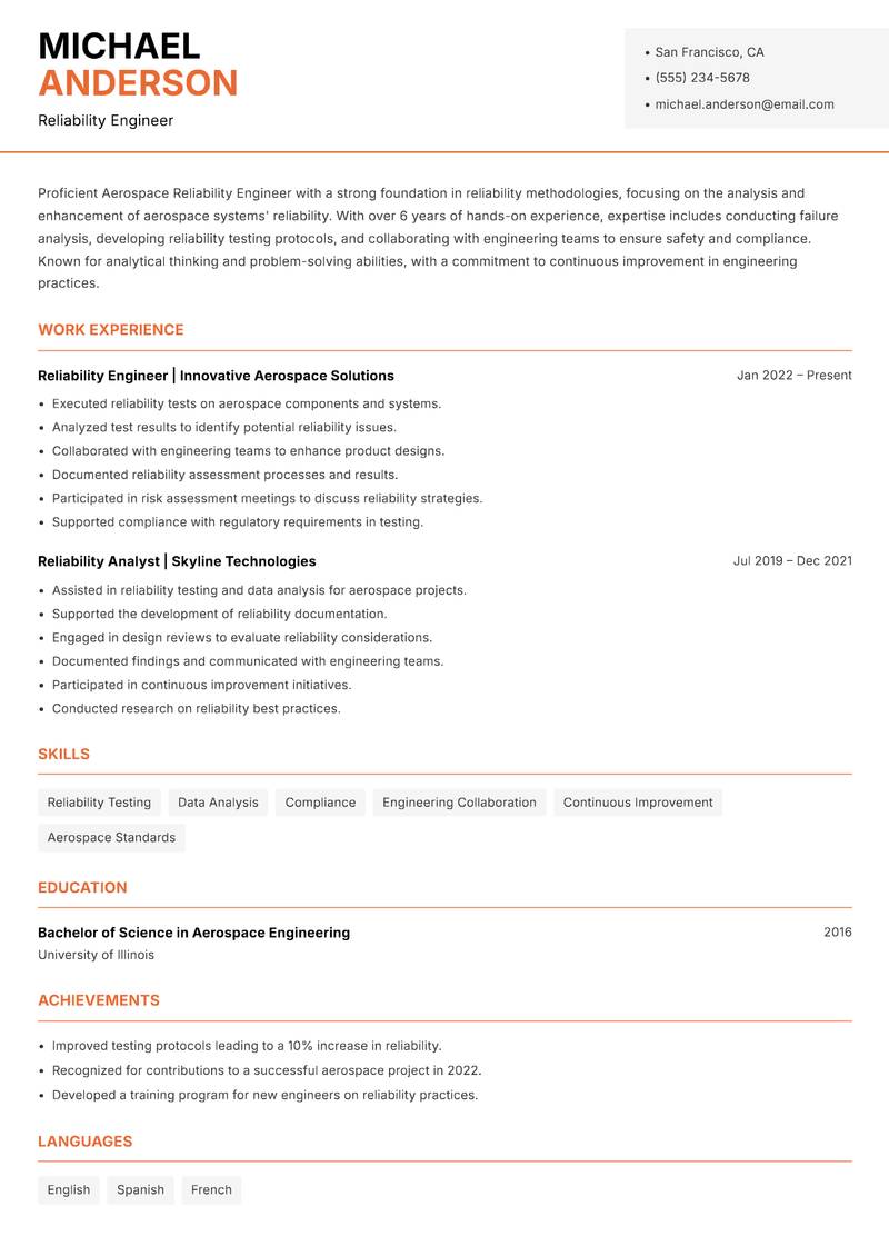 Aerospace Reliability Engineer resume template — Modern Professional