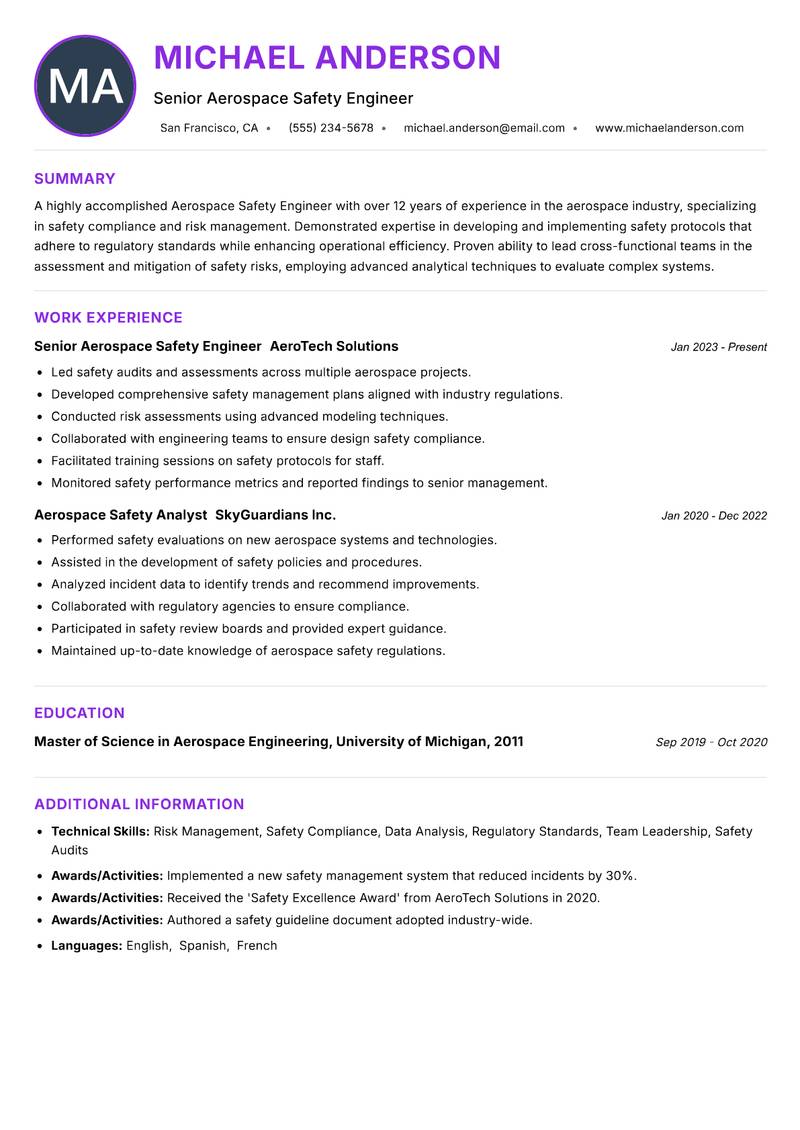 Aerospace Safety Engineer resume example — ATS-friendly template