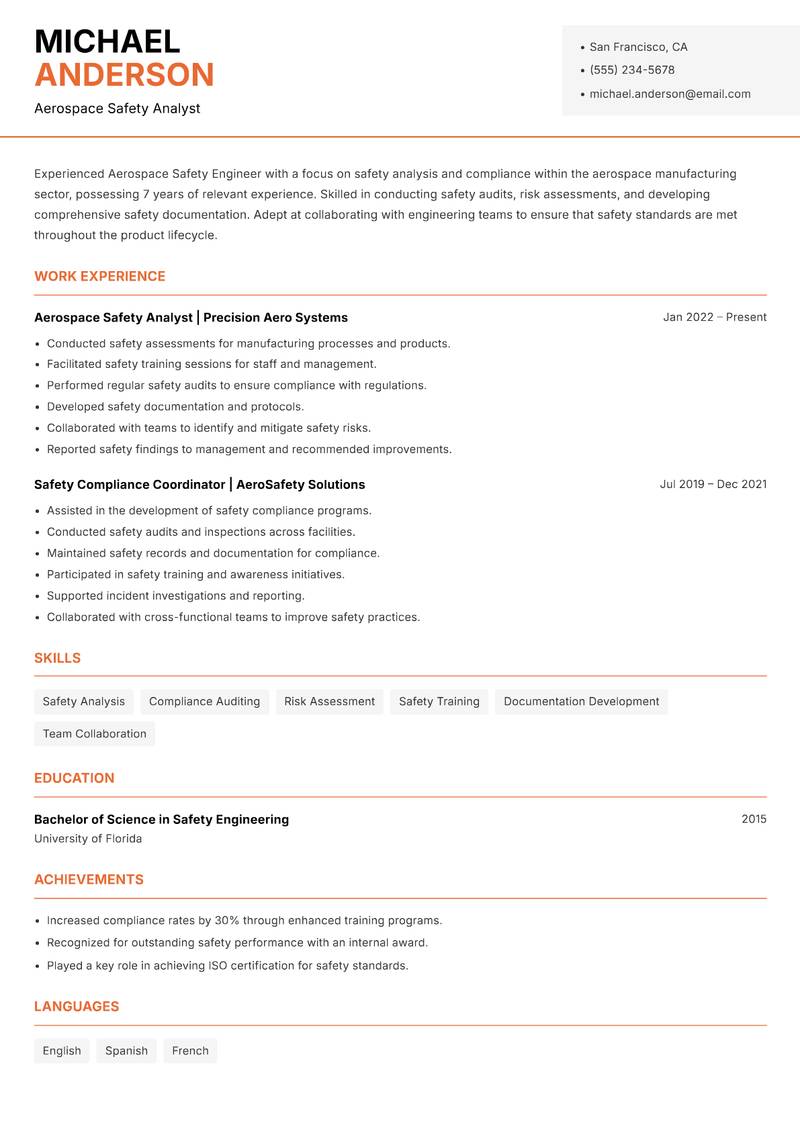 Aerospace Safety Engineer resume template — Modern Professional