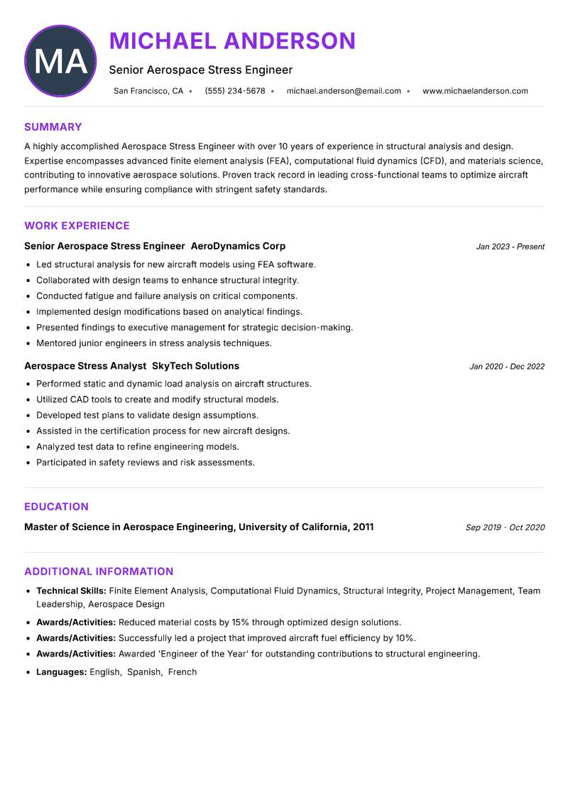Aerospace Stress Engineer resume example — ATS-friendly template
