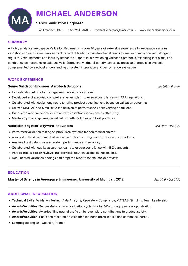 Aerospace Validation Engineer resume example — ATS-friendly template