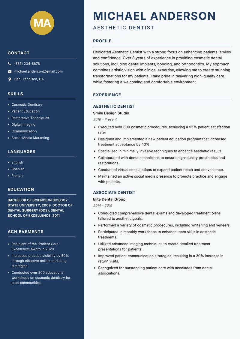 Aesthetic Dentist resume template — Classic Clean
