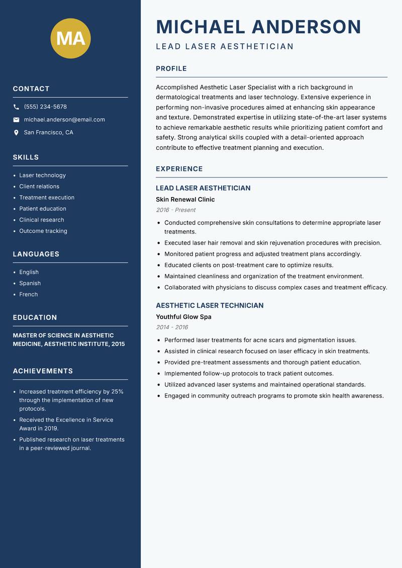 Aesthetic Laser Specialist resume template — Classic Clean