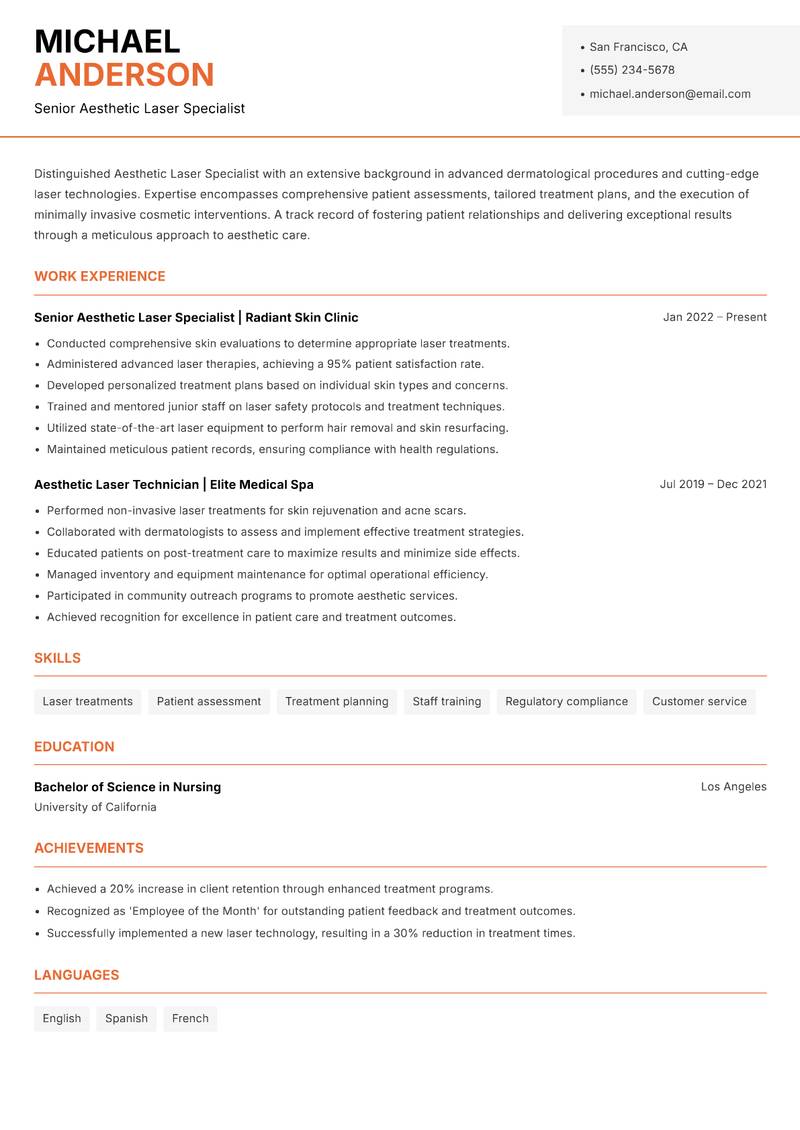 Aesthetic Laser Specialist resume template — Modern Professional