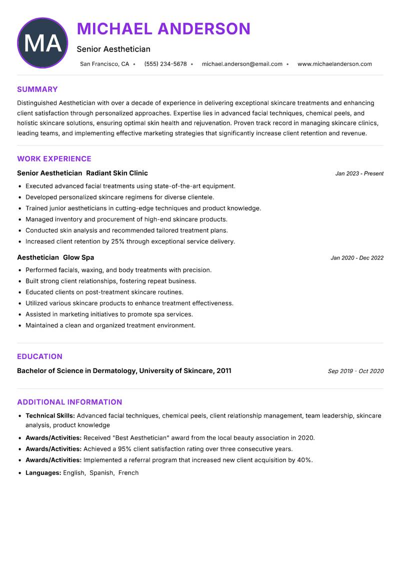 Aesthetician resume example — ATS-friendly template