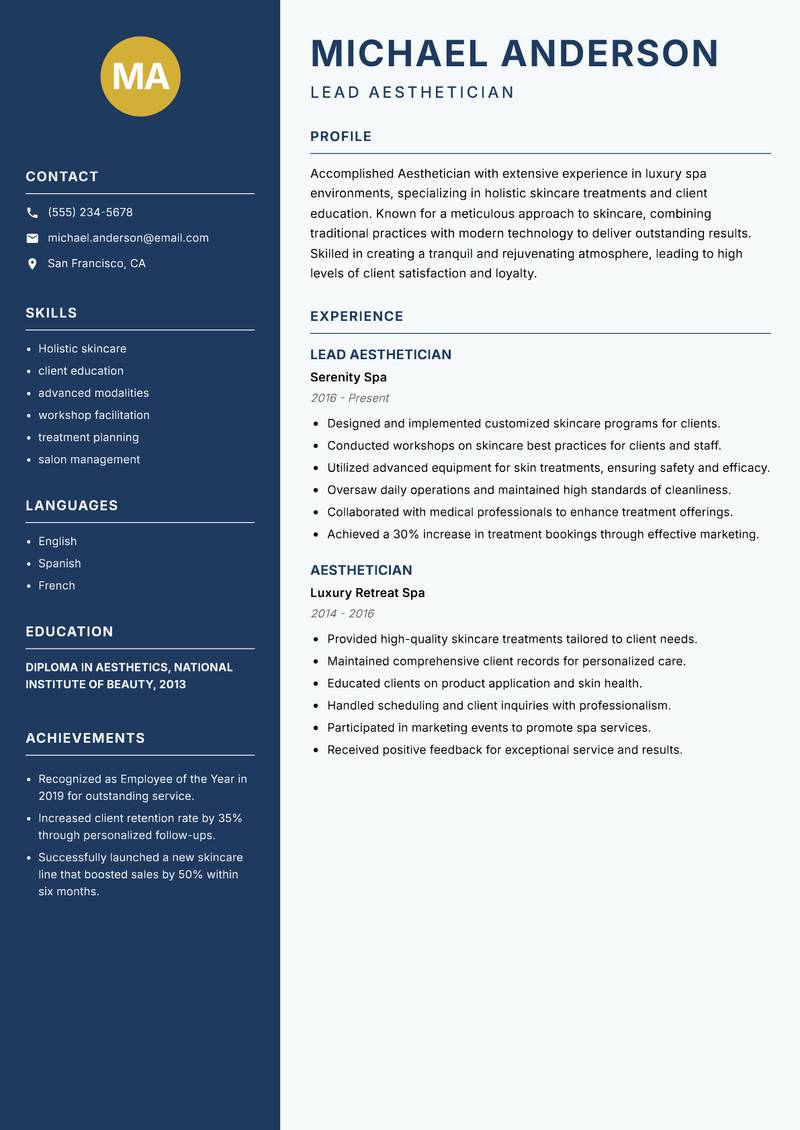 Aesthetician resume template — Classic Clean