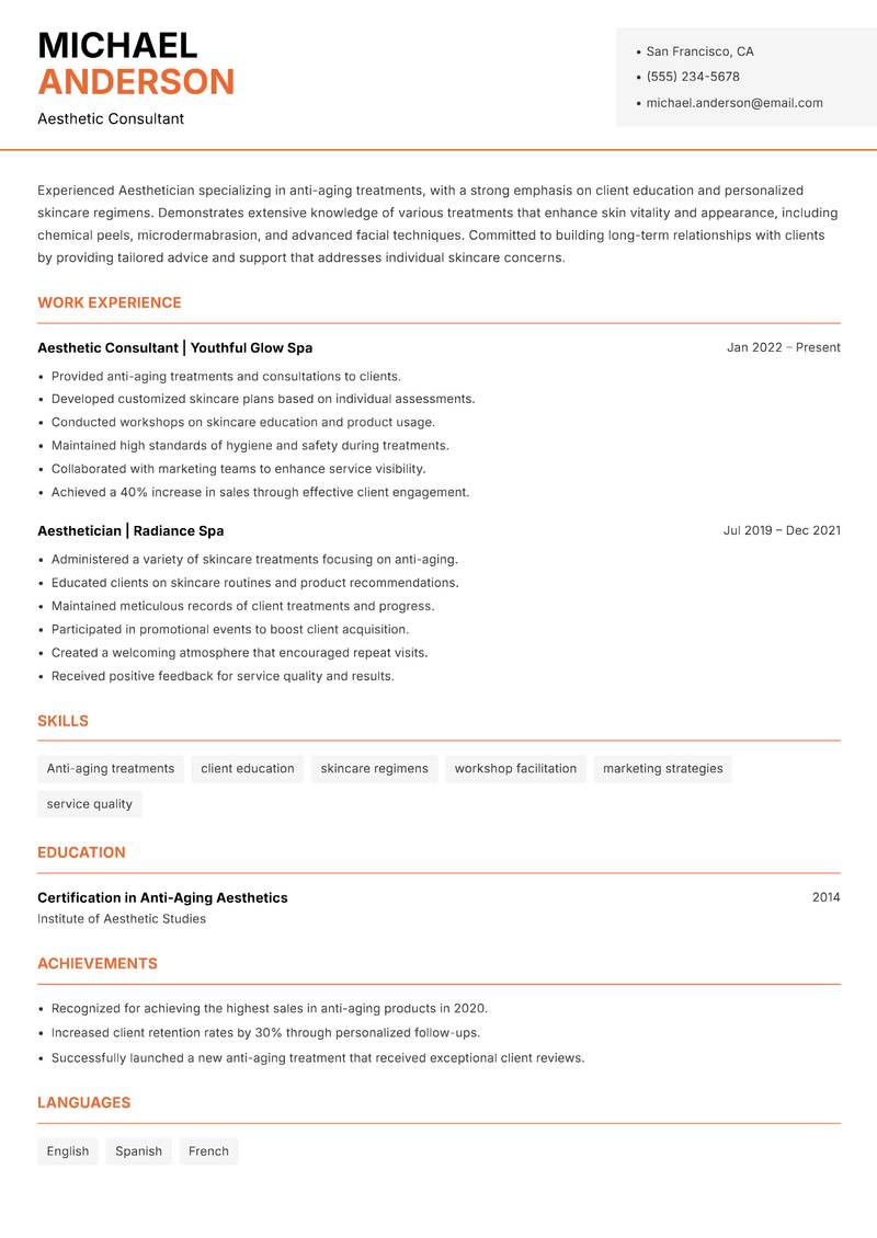 Aesthetician resume template — Modern Professional