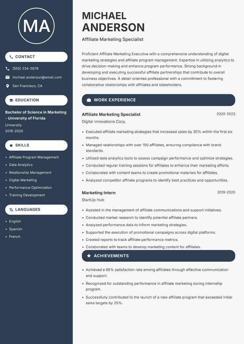 Affiliate Marketing Executive resume template — Compact