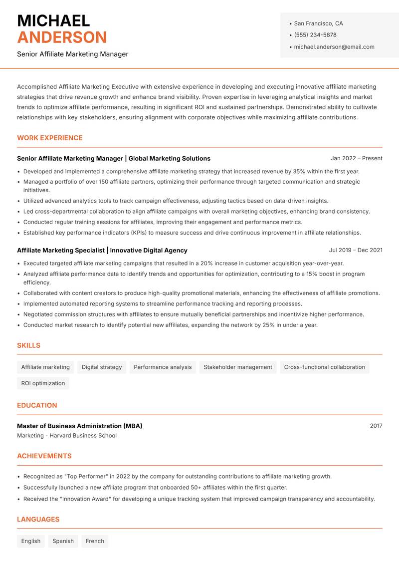 Affiliate Marketing Executive resume template — Modern Professional