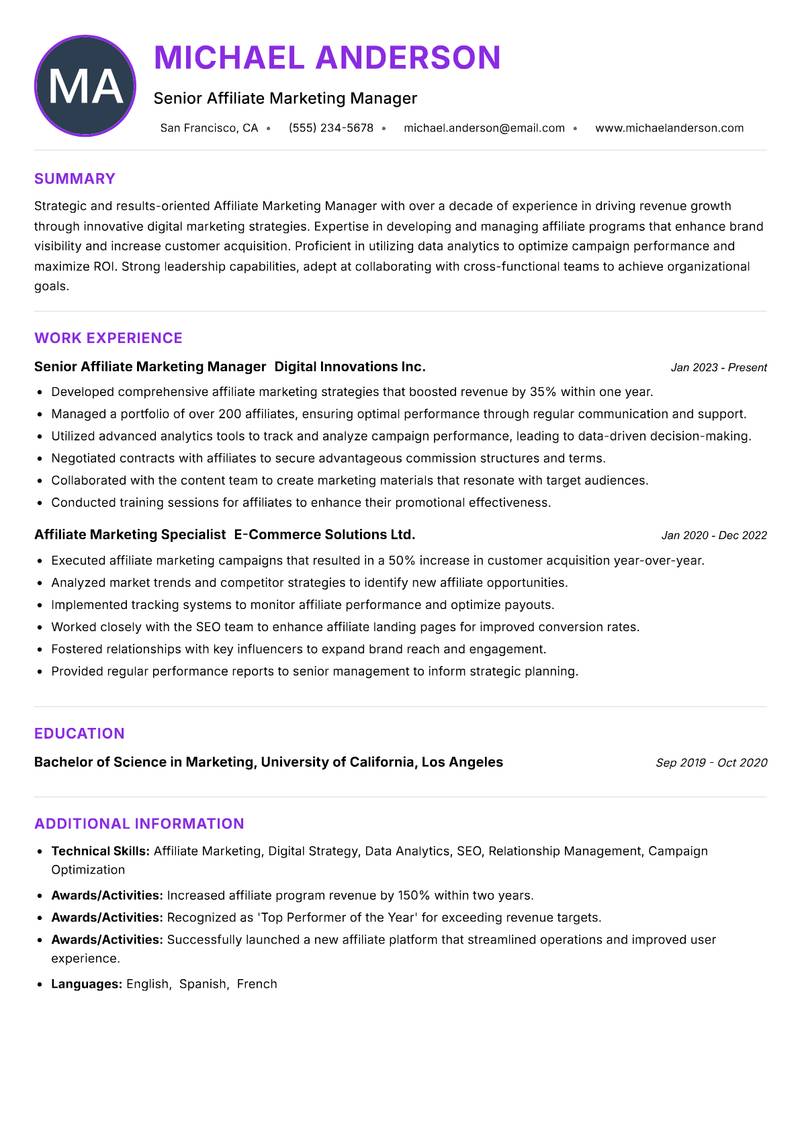 Affiliate Marketing Manager resume example — ATS-friendly template