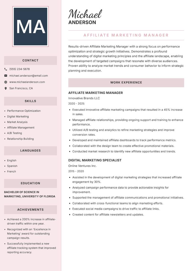 Affiliate Marketing Manager resume template — Executive