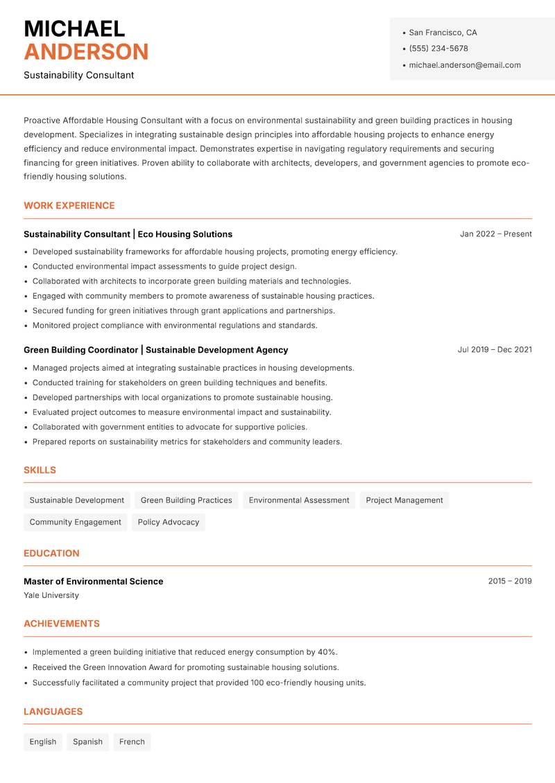 Affordable Housing Consultant resume template — Modern Professional