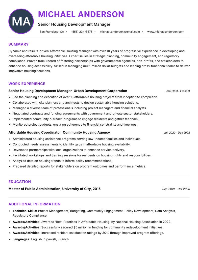 Affordable Housing Manager resume example — ATS-friendly template