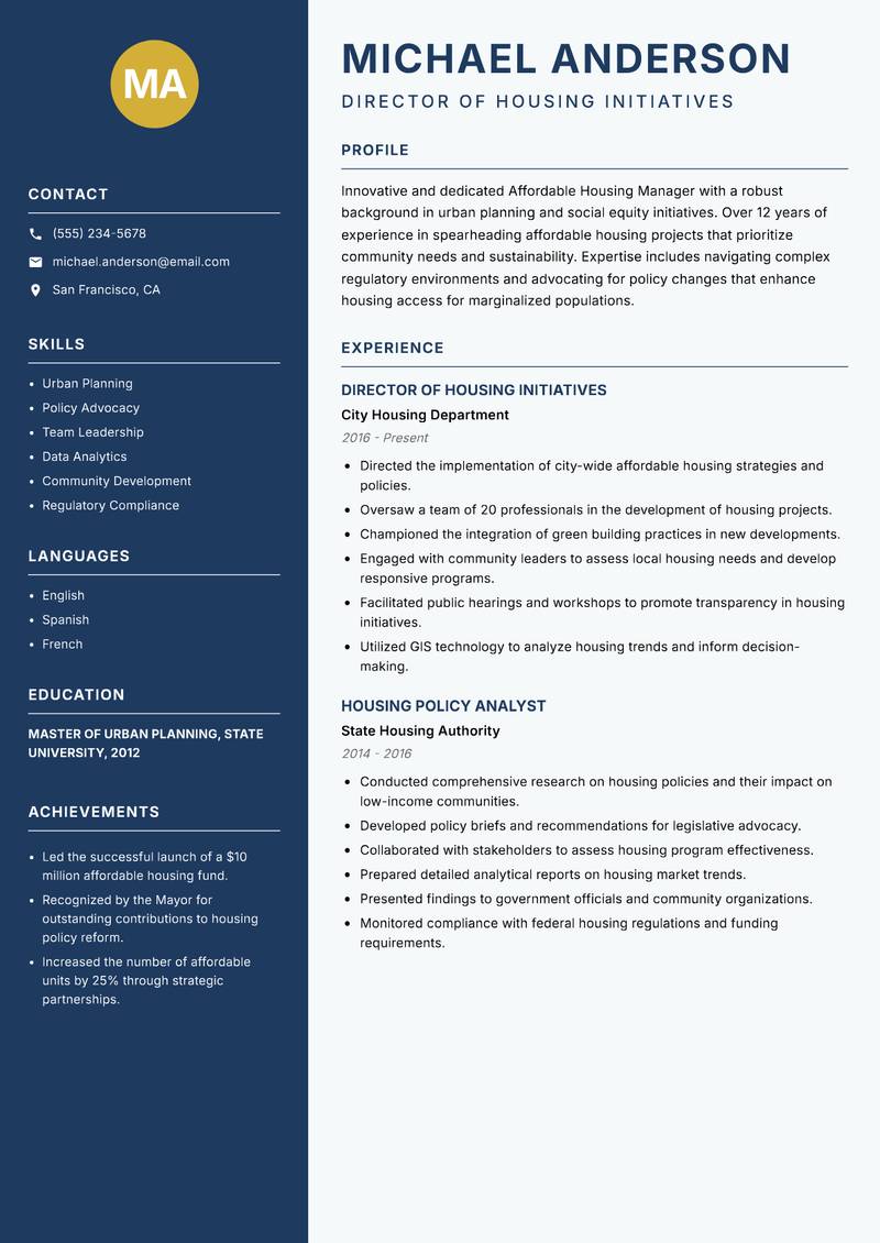 Affordable Housing Manager resume template — Classic Clean