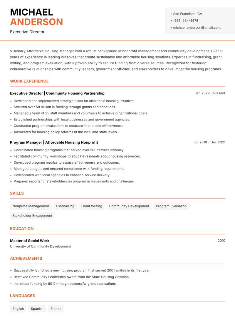 Affordable Housing Manager resume template — Modern Professional