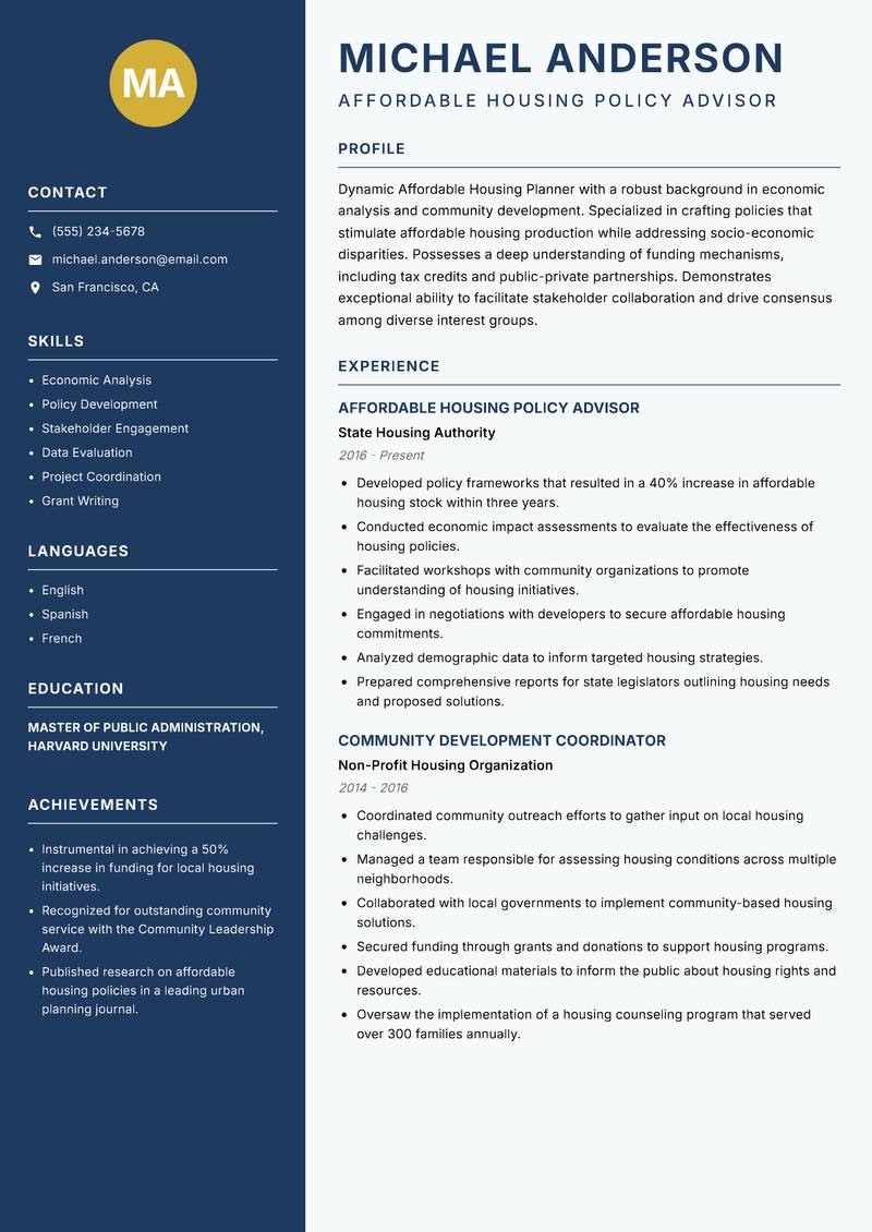 Affordable Housing Planner resume template — Classic Clean