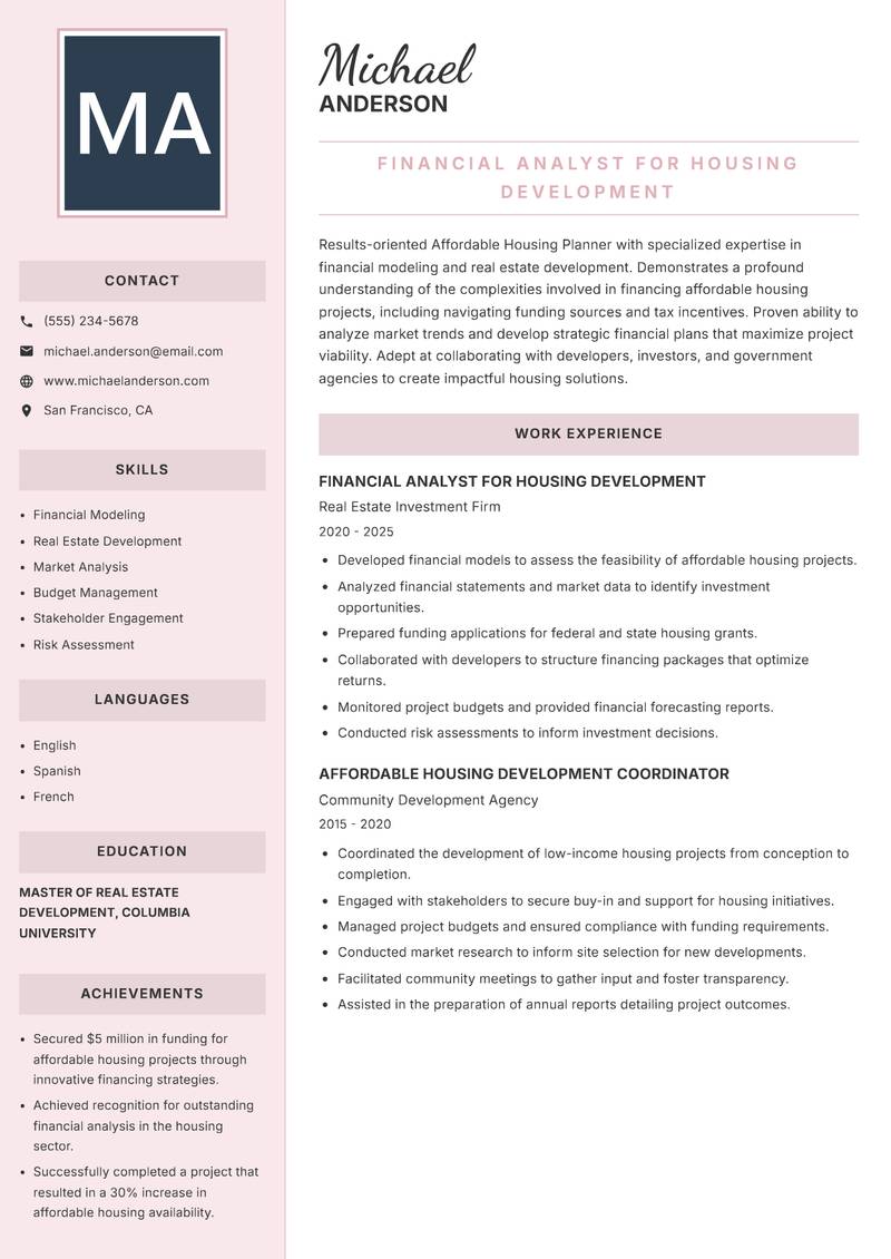 Affordable Housing Planner resume template — Executive