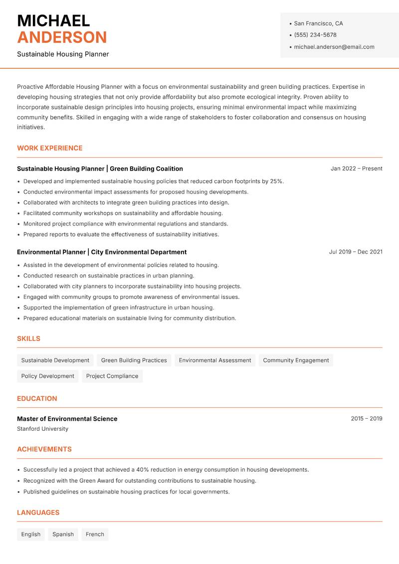 Affordable Housing Planner resume template — Modern Professional