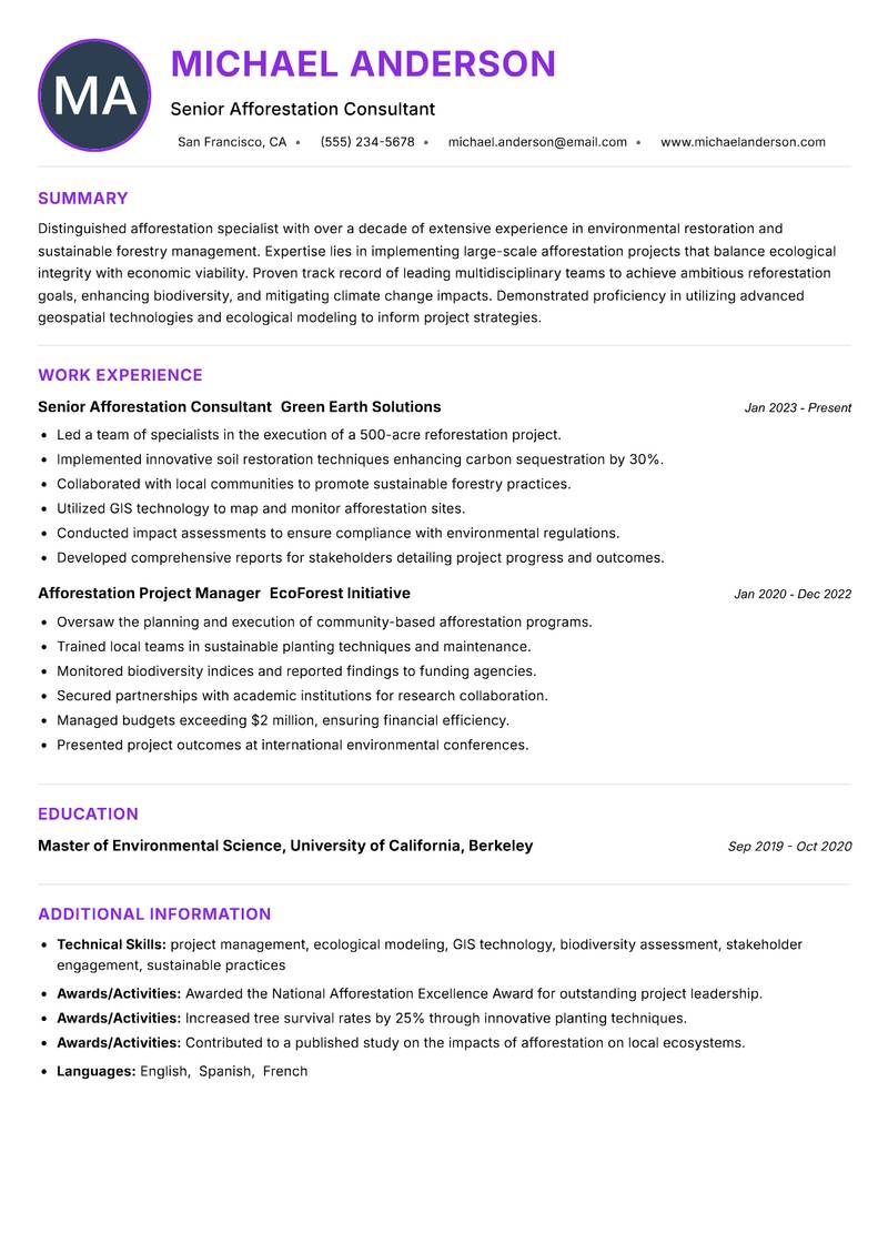 Afforestation Specialist resume example — Forestry