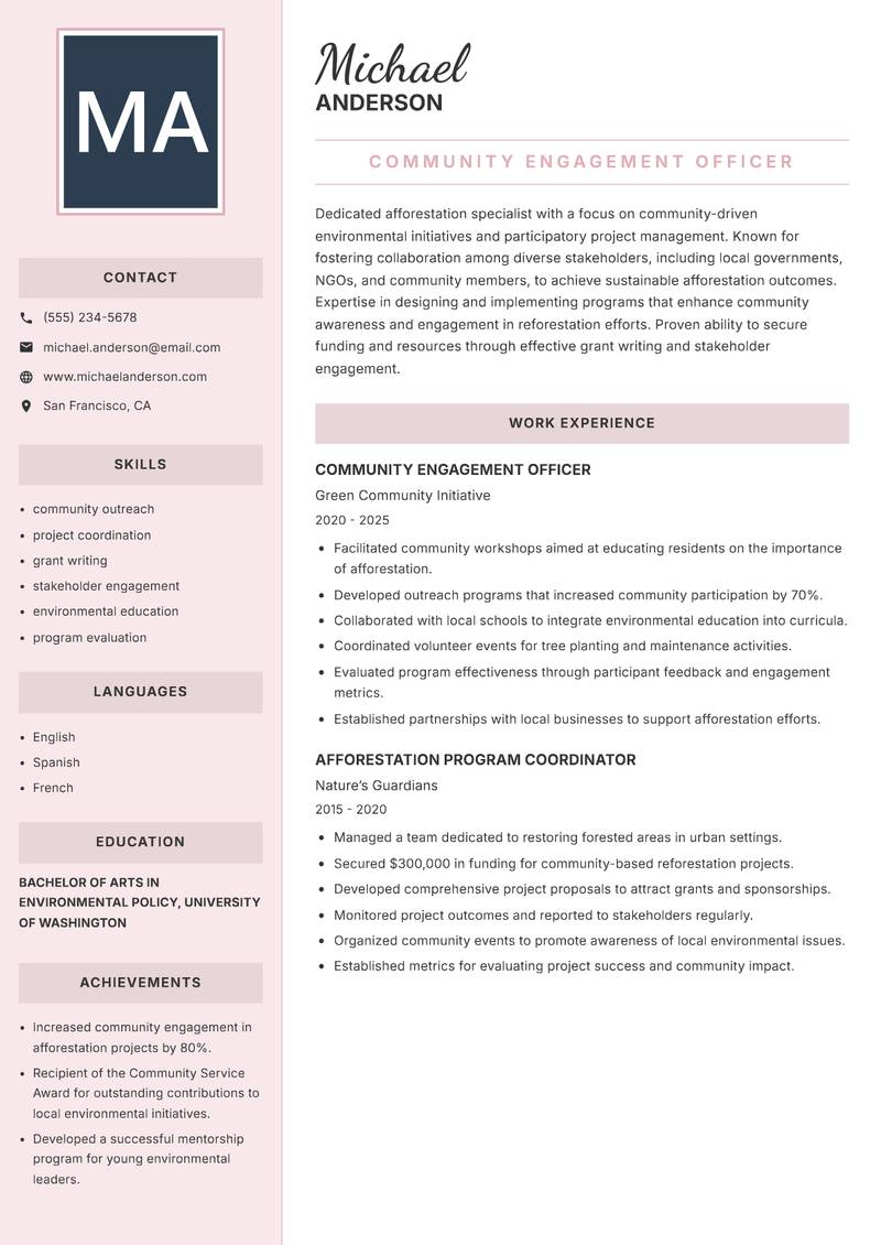 Afforestation Specialist resume template — Executive