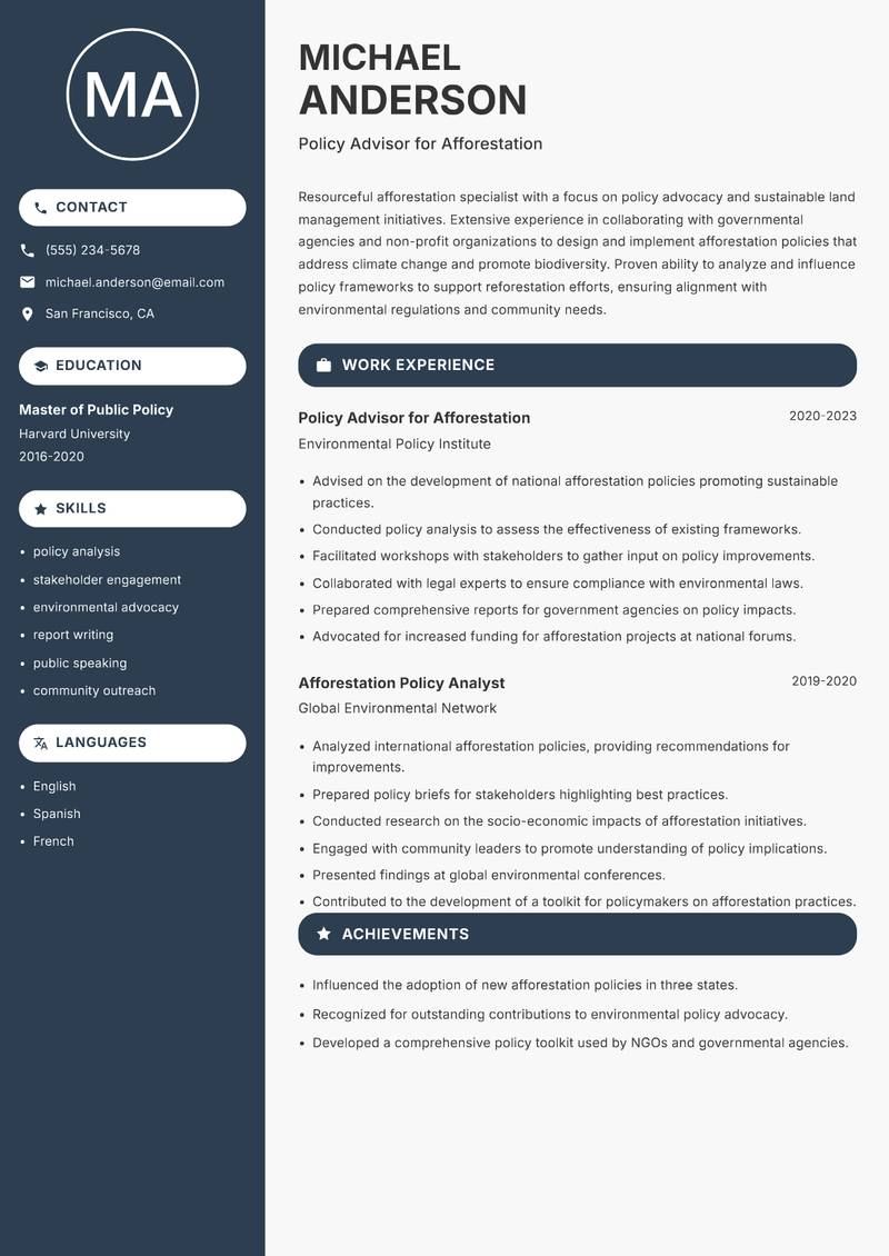 Afforestation Specialist resume template — Compact