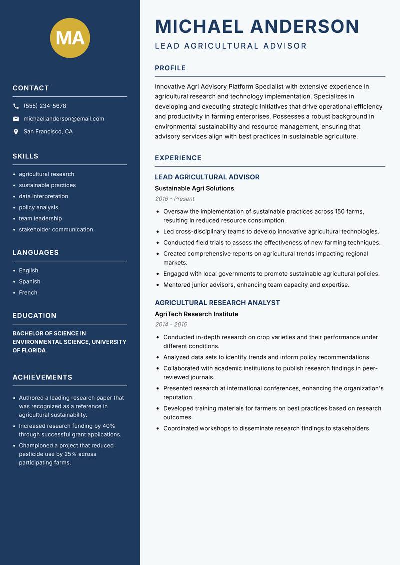 Agri Advisory Platform Specialist resume template — Classic Clean