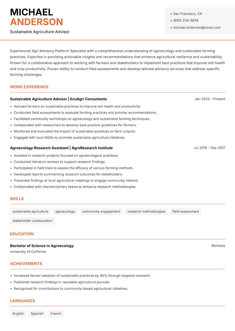 Agri Advisory Platform Specialist resume example