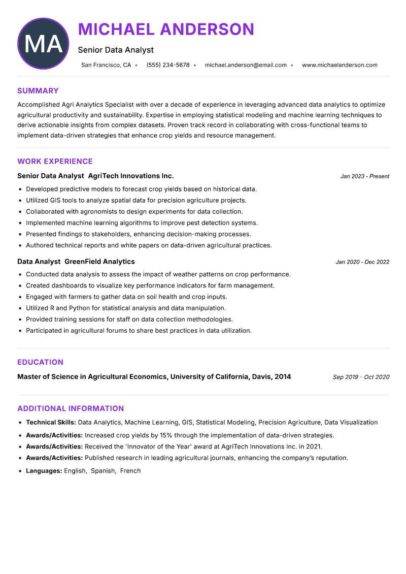 Agri Analytics Specialist resume example — Agri-Technology
