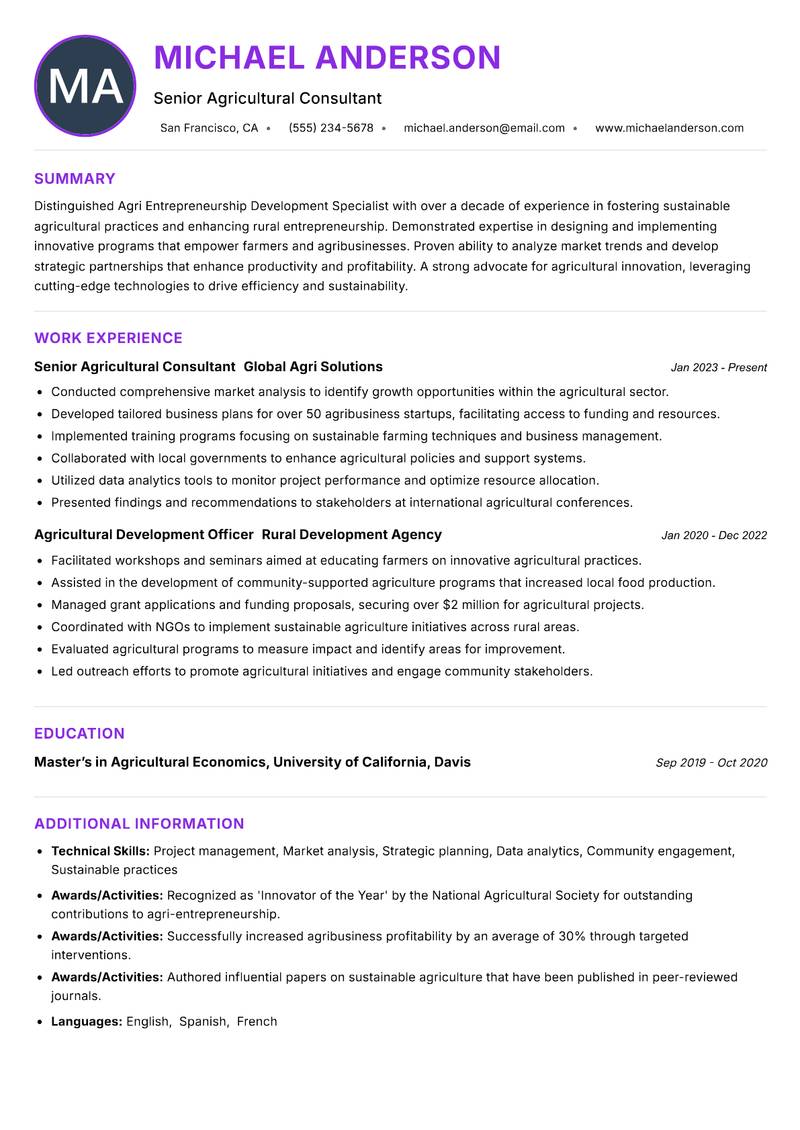 Agri Entrepreneurship Development Specialist resume example — ATS-friendly template