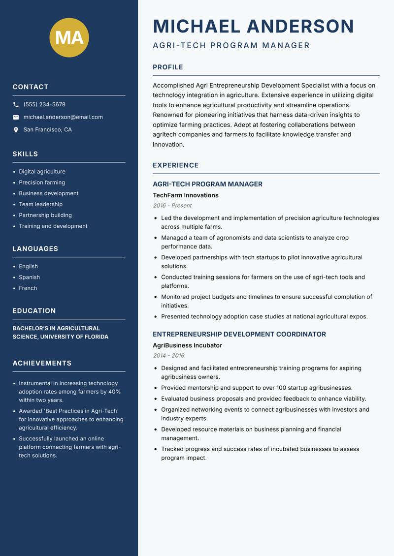 Agri Entrepreneurship Development Specialist resume template — Classic Clean