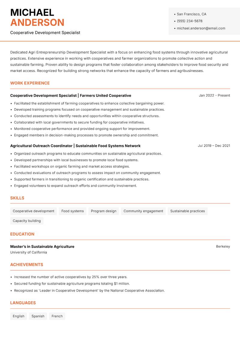 Agri Entrepreneurship Development Specialist resume template — Modern Professional
