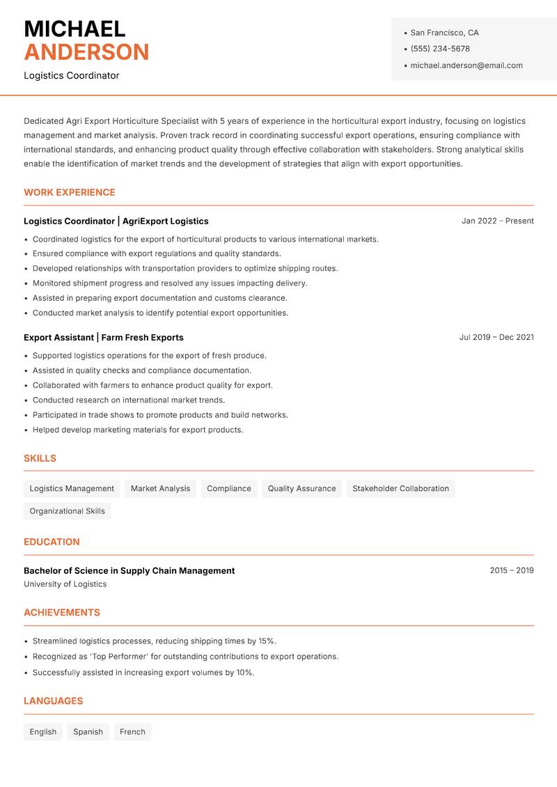 Agri Export Horticulture Specialist resume template — Modern Professional