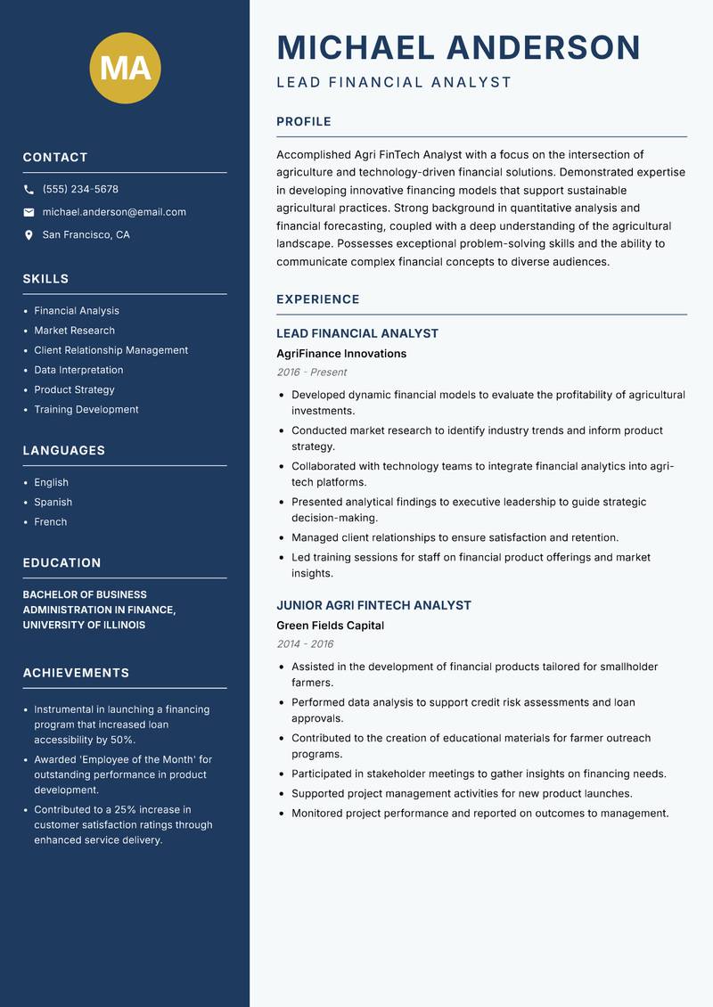 Agri FinTech Analyst resume template — Classic Clean