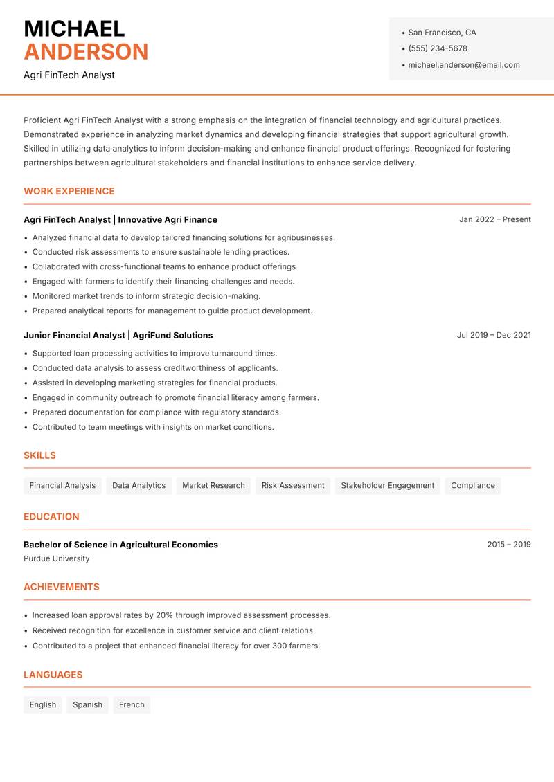 Agri FinTech Analyst resume template — Modern Professional