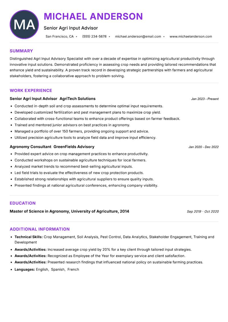 Agri Input Advisory Specialist resume example — ATS-friendly template