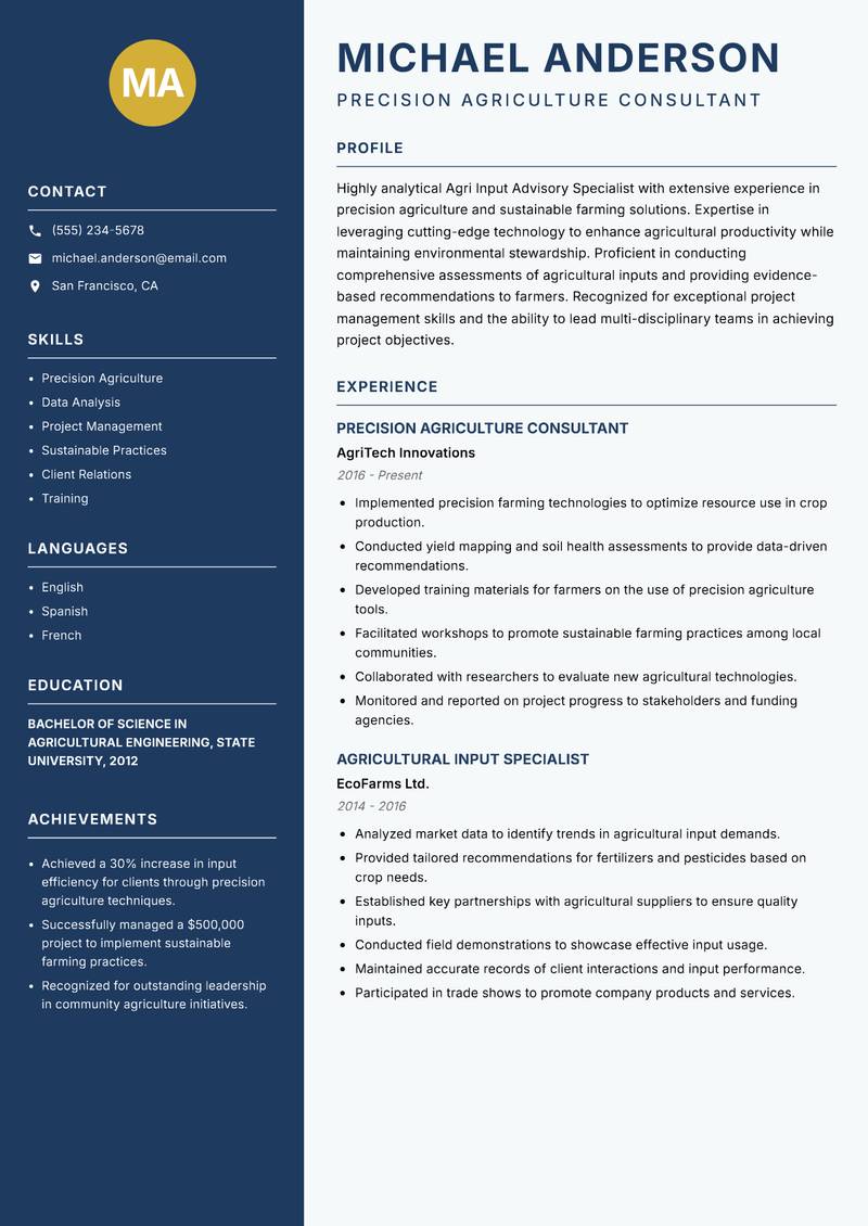 Agri Input Advisory Specialist resume template — Classic Clean