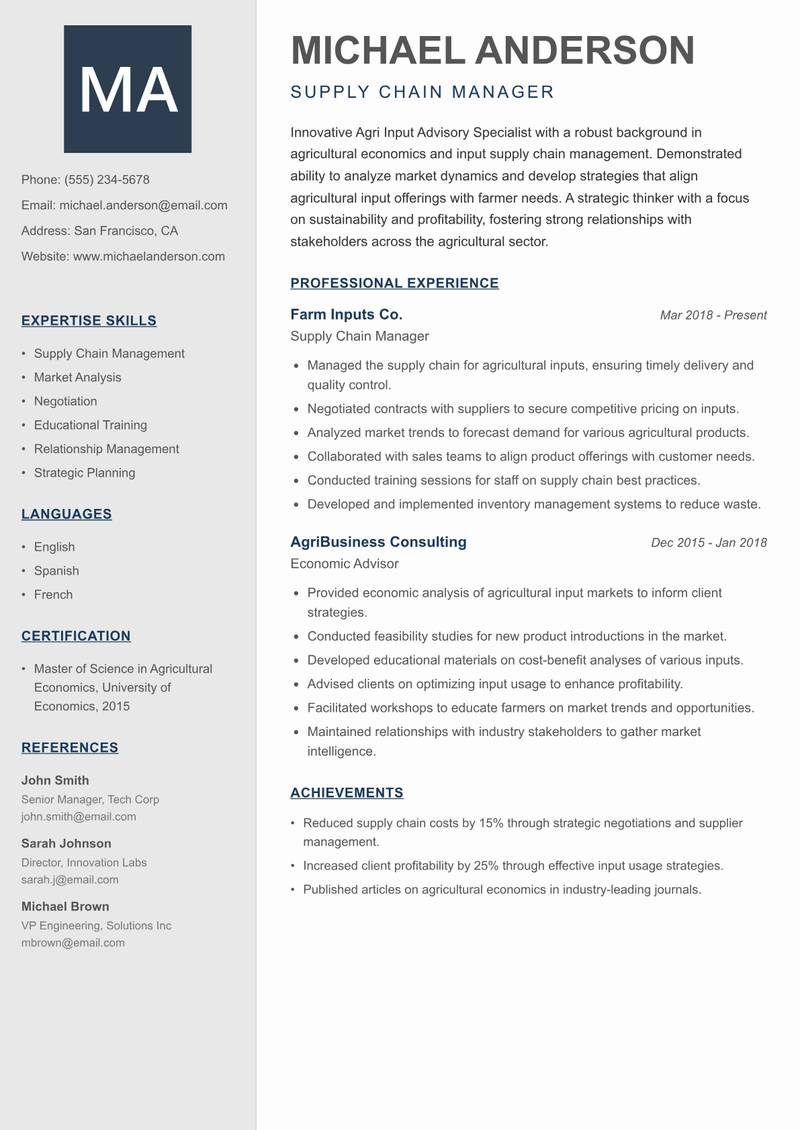 Agri Input Advisory Specialist resume template — Creative Minimal