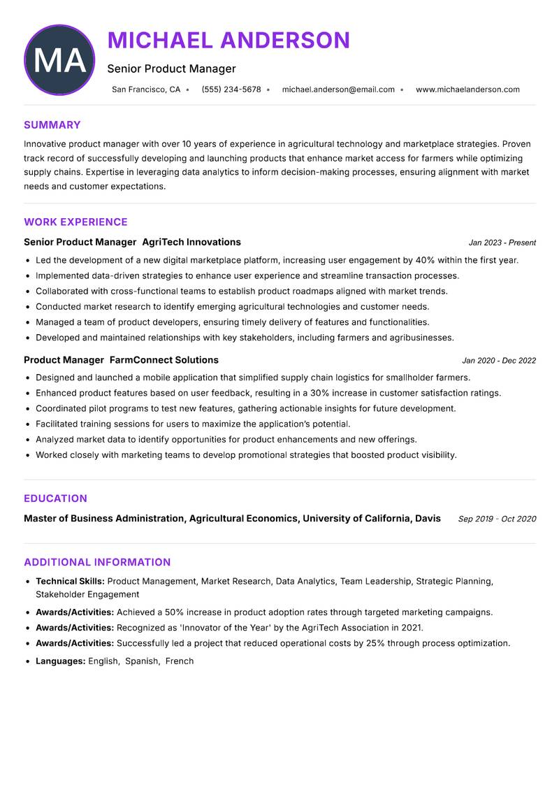 Agri Marketplace Product Manager resume example — ATS-friendly template