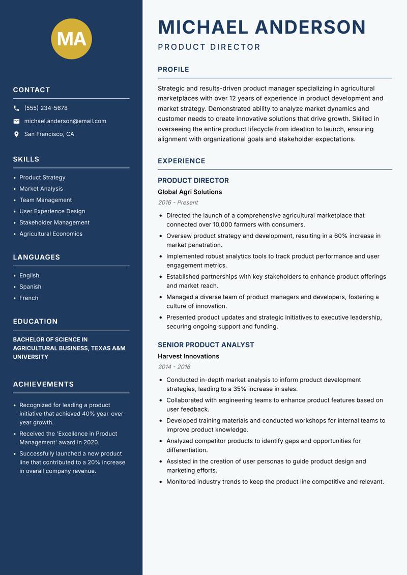 Agri Marketplace Product Manager resume template — Classic Clean