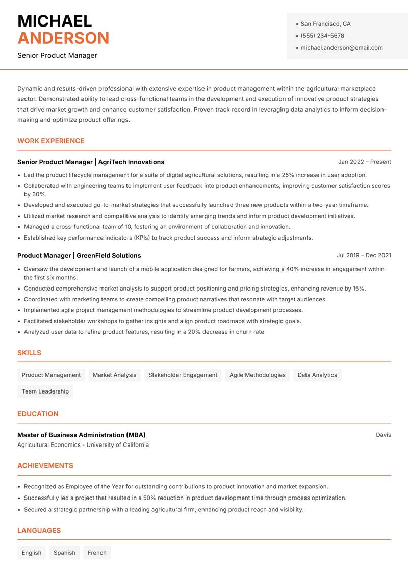 Agri Marketplace Product Manager resume template — Modern Professional