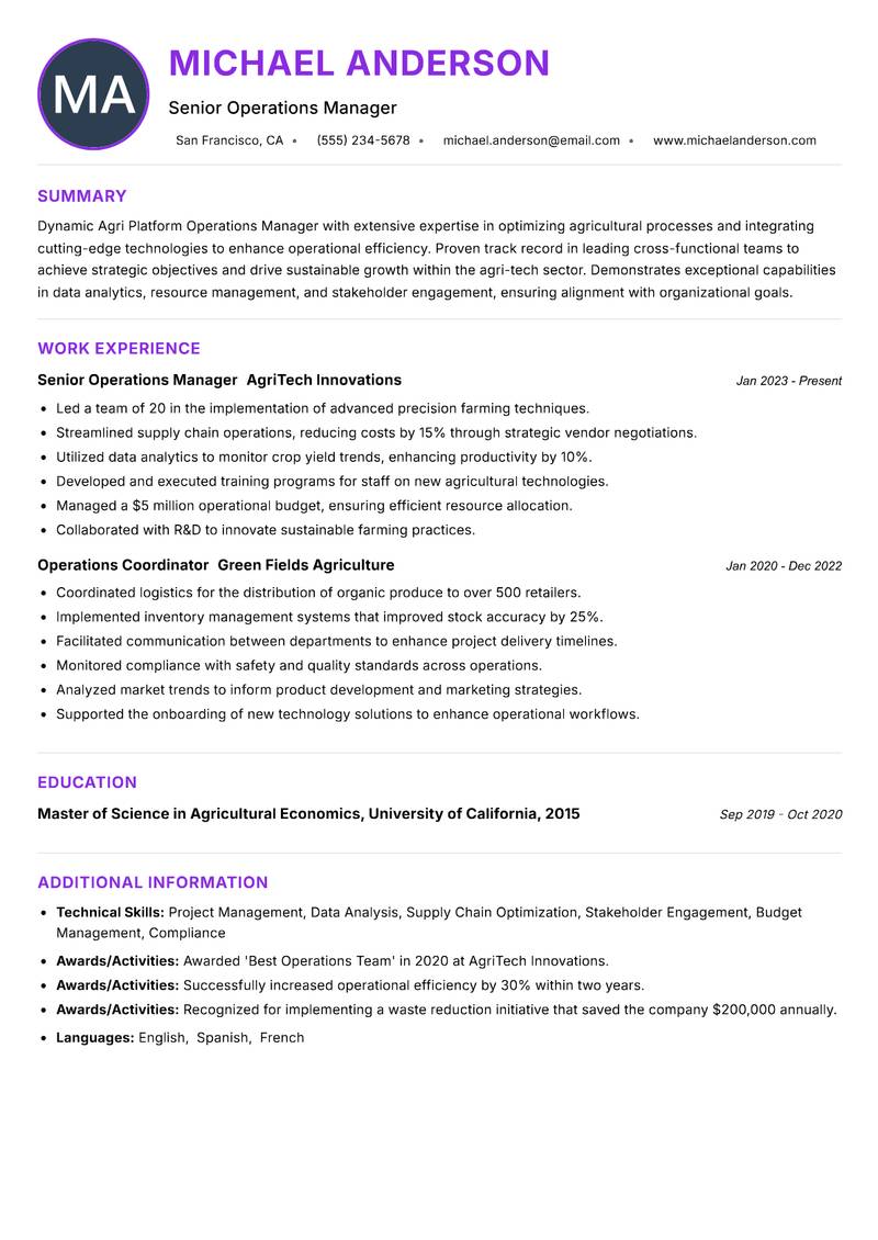 Agri Platform Operations Manager resume example — ATS-friendly template