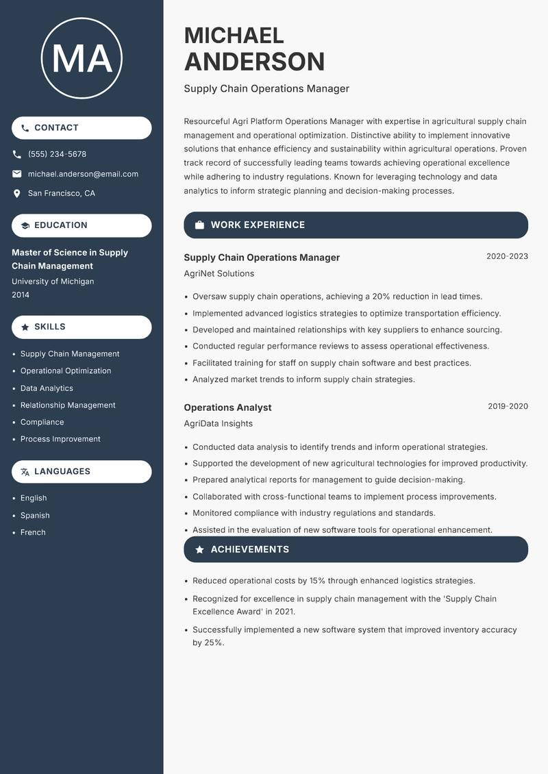Agri Platform Operations Manager resume template — Compact