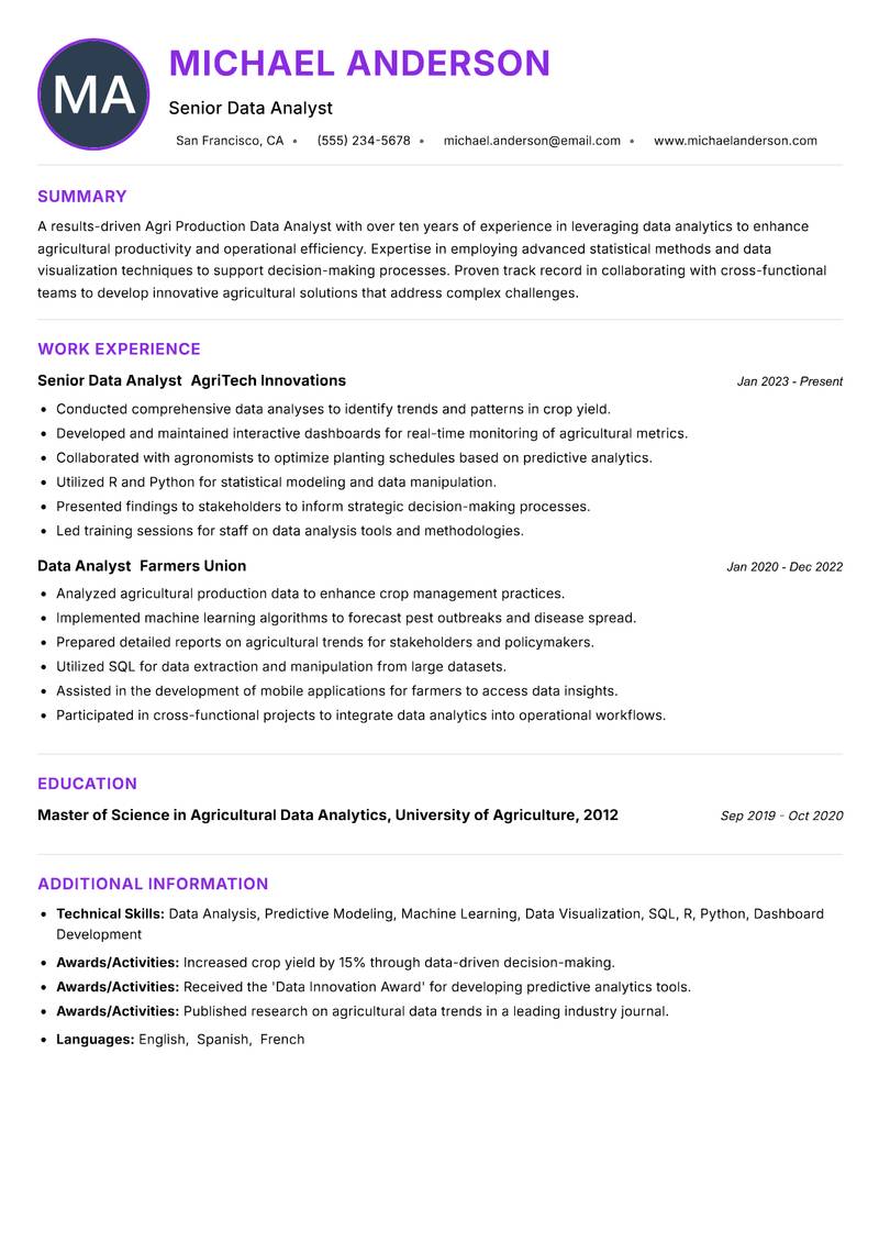 Agri Production Data Analyst resume example — Crop Production
