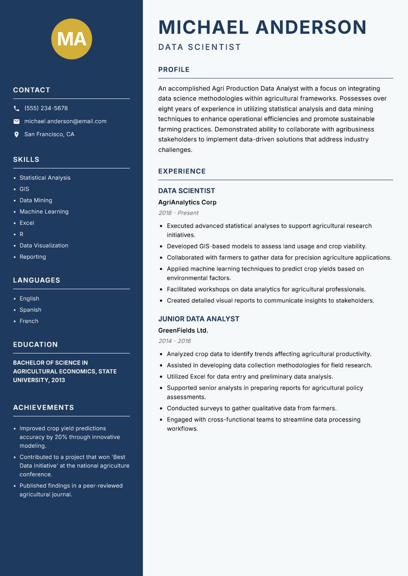 Agri Production Data Analyst resume template — Classic Clean