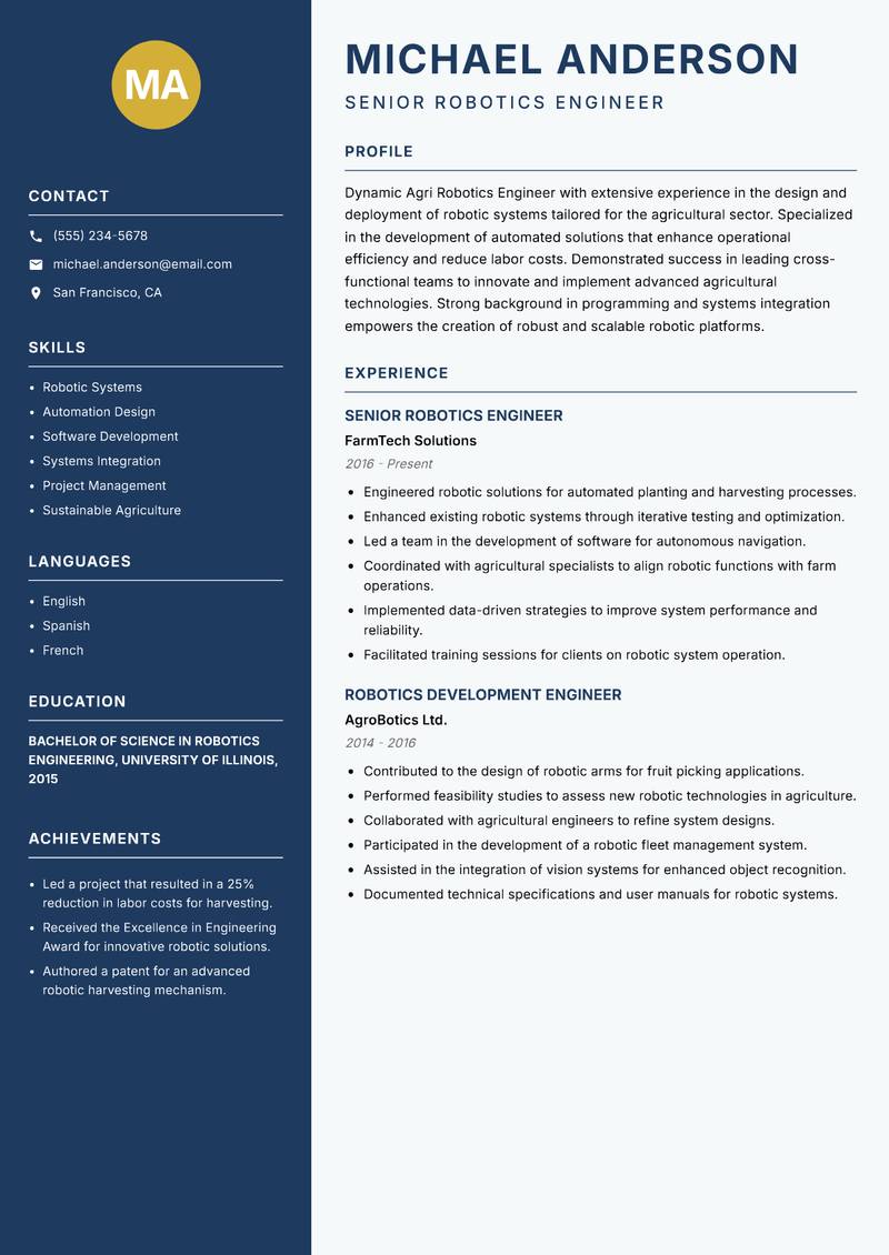 Agri Robotics Engineer resume template — Classic Clean