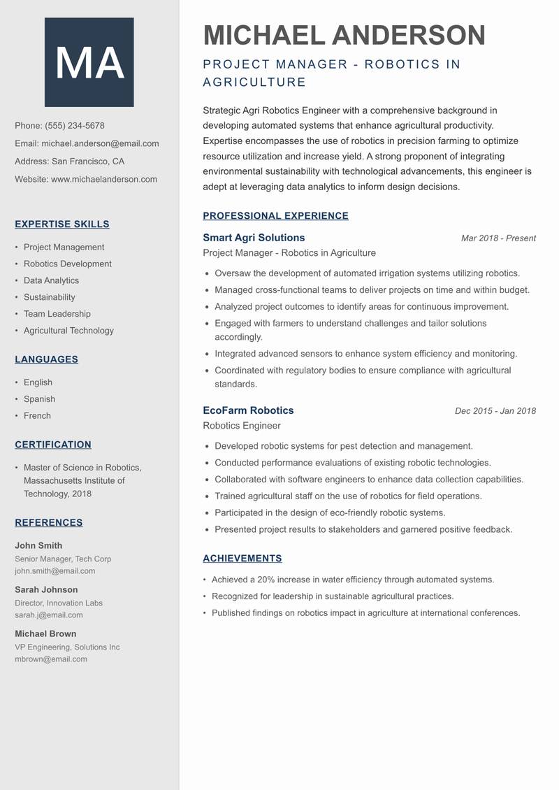 Agri Robotics Engineer resume template — Creative Minimal
