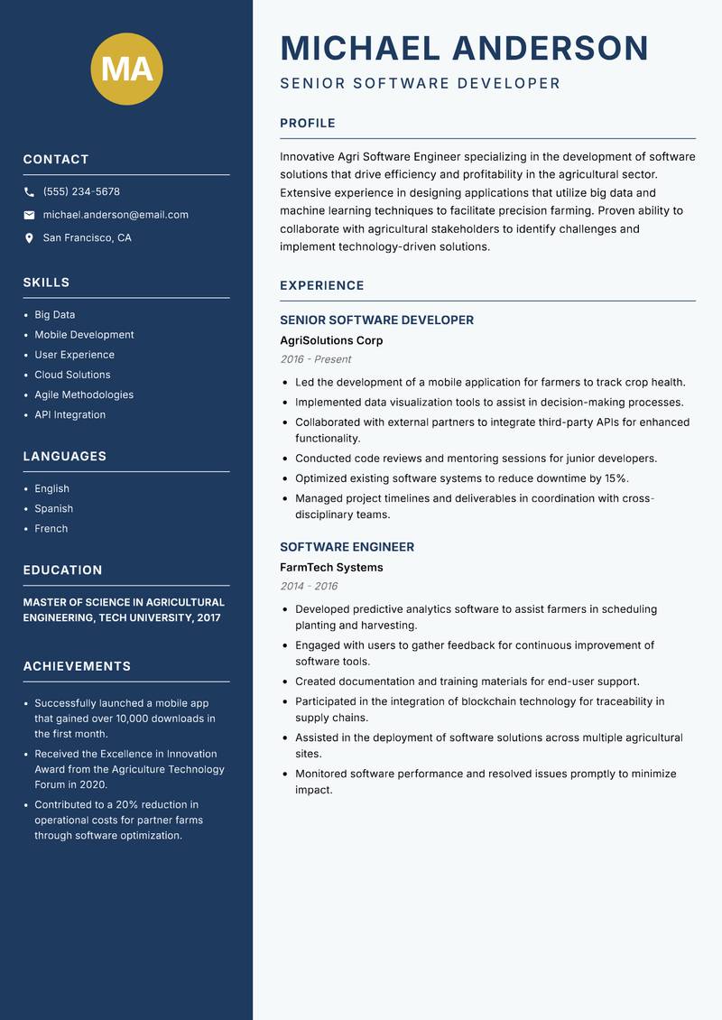 Agri Software Engineer resume template — Classic Clean